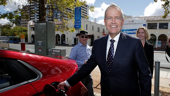 Opposition Leader Bill Shorten at an electric vehicle charging station in Canberra.
