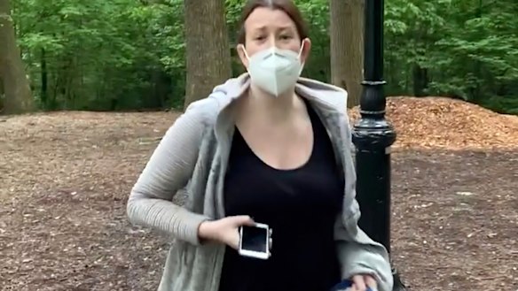 A still from the May 25 video of Amy Cooper talking to Christian Cooper in New York's Central Park. She was later charged with filing a false report after she called police to say Cooper, a black man, was threatening her and her dog.