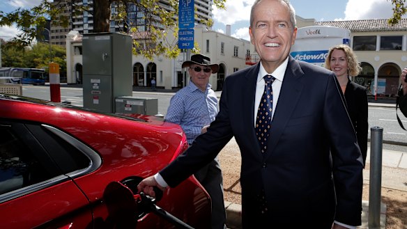 Opposition Leader Bill Shorten at an electric vehicle charging station in Canberra.