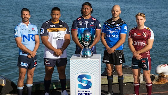 Waratahs captain Jake Gordon, Brumbies captain Allan Alaalatoa, Rebels captain Rob Leota, Force captain Michael Wells and Reds captain Tate McDermott at the Super Rugby Pacific season launch.