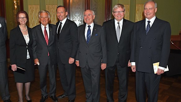 Former prime ministers Julia Gillard, Bob Hawke, Tony Abbott, John Howard, Kevin Rudd and Paul Keating in 2014.