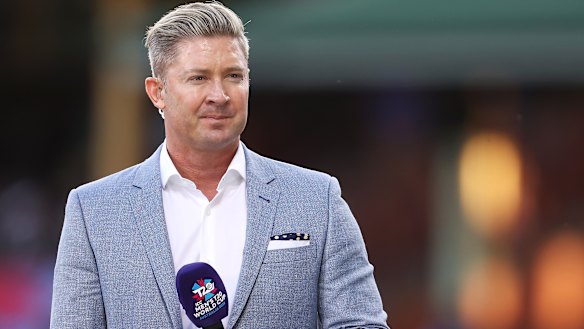 Michael Clarke on commentary duty during the 2020 ICC men’s Twenty20 World Cup.