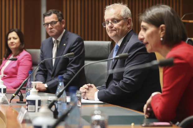 Then-premiers Annastacia Palaszczuk, Daniel Andrews and Gladys Berejiklian with then-prime Minister Scott Morrison at a national cabinet meeting in December 2020.