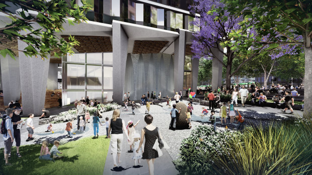 An artist's impression of a new park to be built at the corner of Market Street and Collins Street.