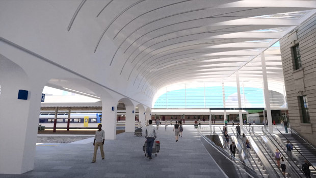 A new landmark is taking shape above Central Station, with a feature roof going up as part of the Sydney Metro construction works.