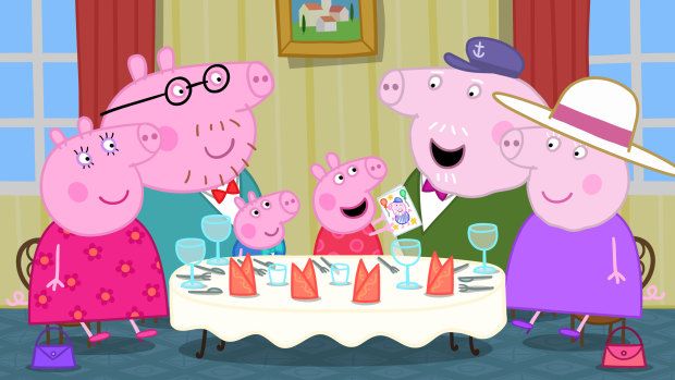 Peppa and her family celebrate Grandpa's birthday. 