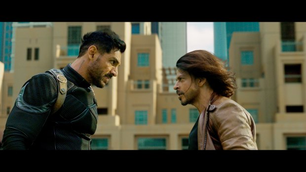 Skirting regional politics: John Abraham and Shah Rukh Kahn in Pathaan.