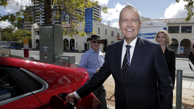 Opposition Leader Bill Shorten at an electric vehicle charging station in Canberra.