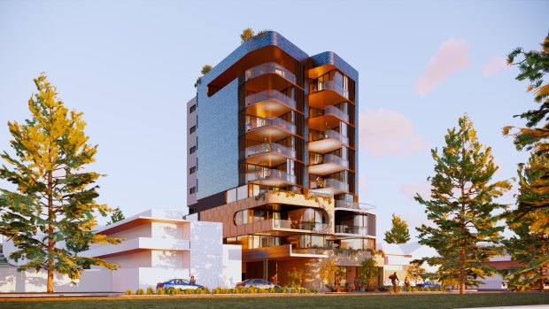 An artist's impression of a nine-storey development flagged for Cottesloe's Marine Terrace, near its General Store along the beachfront.
