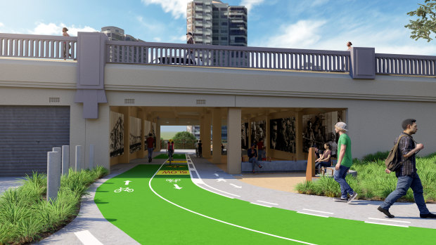 The Kangaroo Point walkway under Story Bridge will connect to the city’s new green bridge.