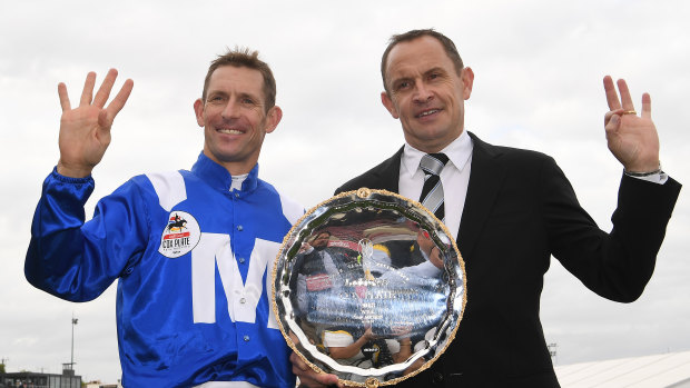 History: Bowman and Waller celebrate Winx's fourth Cox Plate at Moonee Valley last year.