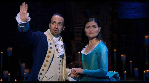 Lin-Manuel Miranda and Phillipa Soo in as Alexander and Eliza Hamilton.