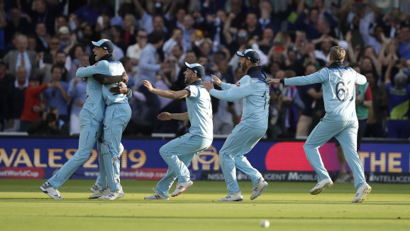 England celebrate after winning the World Cup final against New Zealand at Lord's on Sunday.