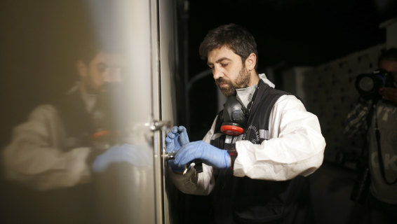 A forensic officer at the Saudi consulate in Istanbul, which remains a crime scene.
