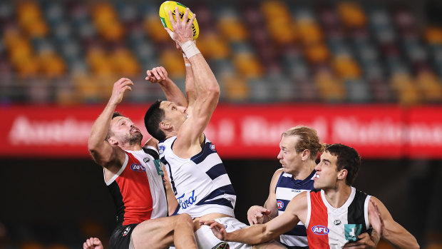 Geelong's Harry Taylor takes a mark in the Cats big win over St Kilda.