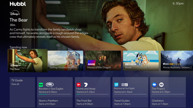 Hubbl’s lists, such as the “trending” and “TV guide” items seen here, mix live TV, catch-up and streaming apps.