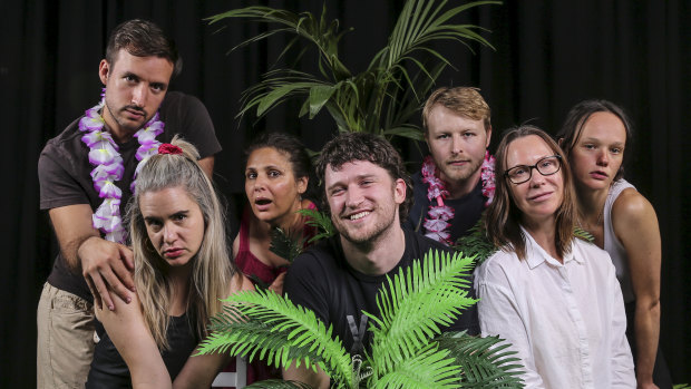 Director Declan Greene (centre) with cast members, from left, Patrick Durnan Silva, Michelle Brasier , Georgina Naidu, George Lingard, Belinda McClory and
Emily Milledge. 