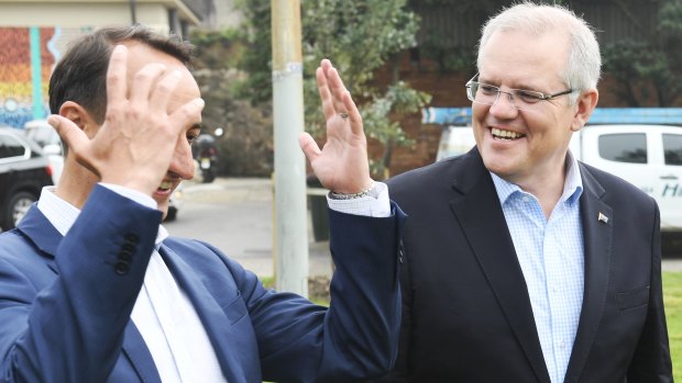 Liberal candidate Dave Sharma with PM Scott Morrison on Friday. 