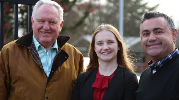 Yvette Quinn, the 21-year-old Nationals candidate for Orange, with Rick Colless, left, and Deputy Premier John Barilaro.