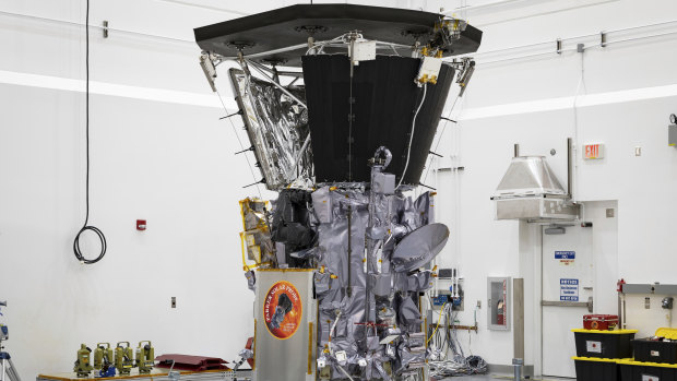 The Parker Solar Probe in a clean room at Astrotech Space Operations in Titusville, Florida, after the installation of its heat shield.