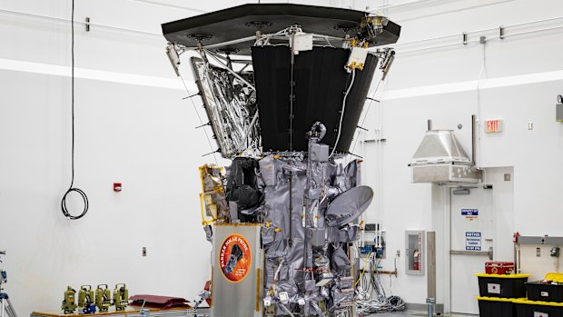 The Parker Solar Probe in a clean room at Astrotech Space Operations in Titusville, Florida, after the installation of its heat shield.