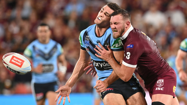 Kurt Capewell irons out his Penrith teammate Nathan Cleary during this year's Origin series.