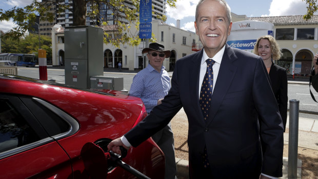 Opposition Leader Bill Shorten at an electric vehicle charging station in Canberra.