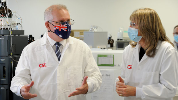 Prime Minister Scott Morrison meets CSL staff working on the AstraZeneca vaccine in Melbourne in March. 