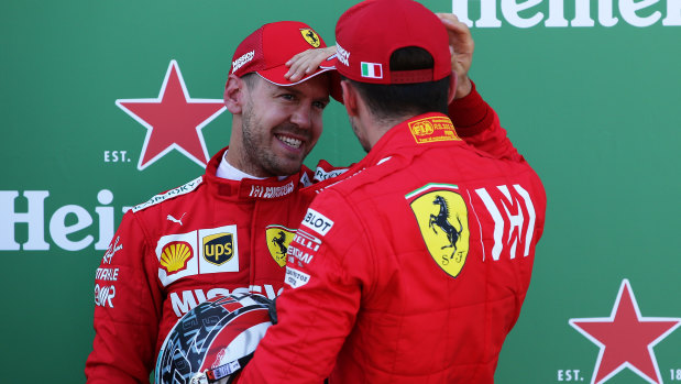 Top two qualifiers Sebastian Vettel of Germany and Ferrari and Charles Leclerc of Monaco and Ferrari after qualifying for the Japanese GP.
