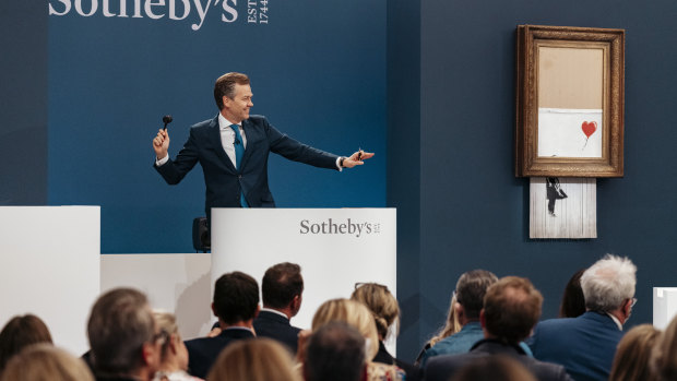 Sotheby’s Auction House, the auction for Banksy’s “Love is the Bin” takes place in London.