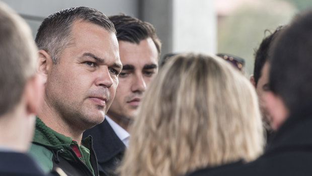 Rabbitohs coach Anthony Seibold faces the media over the scandal at Redfern Oval on Friday.