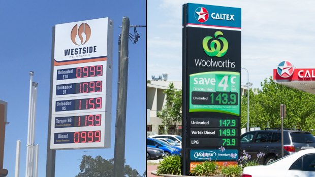 Left, a sign advertising fuel prices at an independent service station on the NSW central coast on December 30. On the same day, the average cost of unleaded petrol in Canberra was 147.6¢ per litre. Caltex in Dickson, right, was charging close to the average.