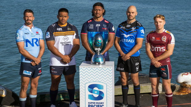 Waratahs captain Jake Gordon, Brumbies captain Allan Alaalatoa, Rebels captain Rob Leota, Force captain Michael Wells and Reds captain Tate McDermott at the Super Rugby Pacific season launch.