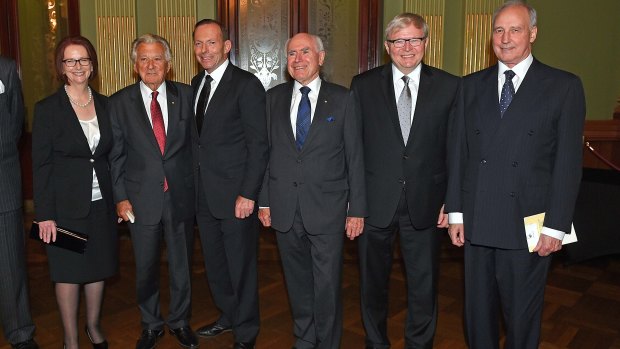 Former prime ministers Julia Gillard, Bob Hawke, Tony Abbott, John Howard, Kevin Rudd and Paul Keating in 2014.