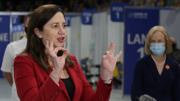 Premier Annastacia Palaszczuk and Chief Health Officer Jeannette Young announce a new vaccination hub at the Brisbane Entertainment Centre at Boondall.