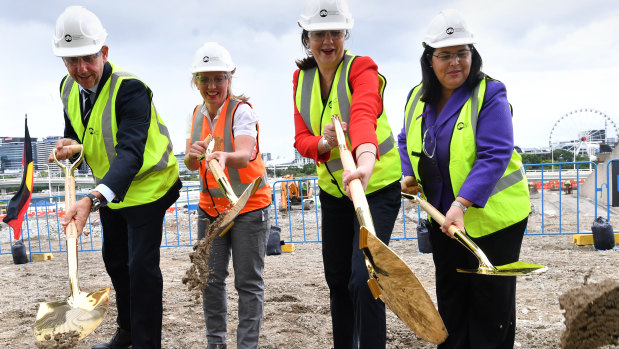 State Development Minister Cameron Dick, Tourism Minister Kate Jones, Premier Annastacia Palaszczuk and Industrial Relations Minister Grace Grace turning the first sod at Queen's Wharf on March 8 with gold shovels.