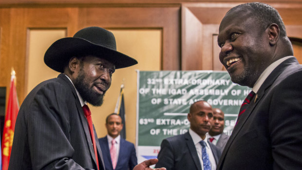 South Sudanese President Salva Kiir, left, and opposition leader Riek Machar during peace talks at a hotel in Addis Ababa, Ethiopia, last week.