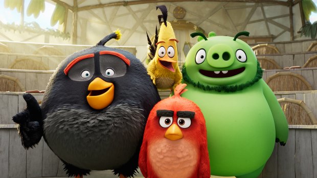 Bomb (Danny McBride), Chuck (Josh Gad), Leonard (Bill Hader) and Red (Jason Sudeikis) are hit and miss in Angry Birds 2. 