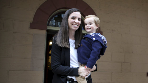 Labor MP Courtney Houssos with her son Arthur (aged 2) at State Parliament. 