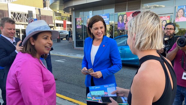 LNP leader Deb Frecklington with McConnel candidate Pinky Singh at the Fortitude Valley early polling booth.