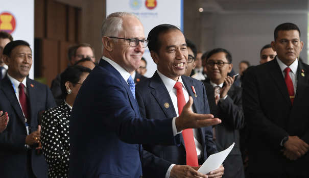 Former prime minister Malcolm Turnbull and Indonesian President Joko Widodo during the ASEAN-Australia Special Summit in Sydney in March, prior to Mr Turnbull's ousting.