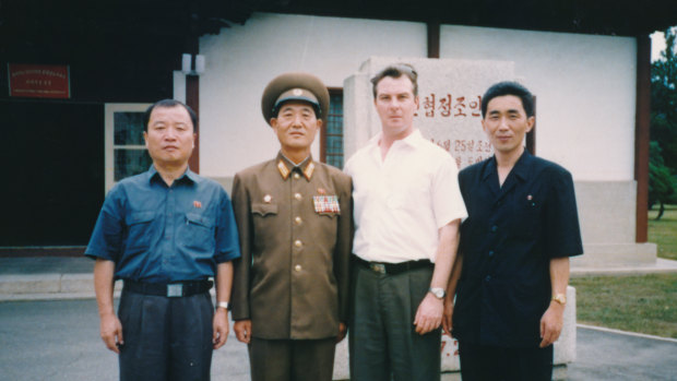 Criminal solicitor Jack Dalziel (second right) with Jon Hak-bom (far right) and Kim Chu-nam (far left)