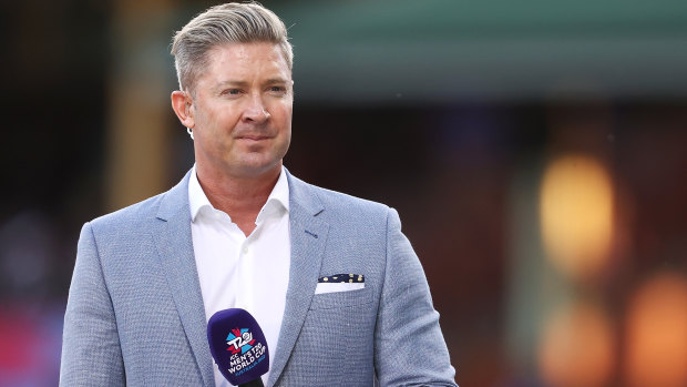 Michael Clarke on commentary duty during the 2020 ICC men’s Twenty20 World Cup.