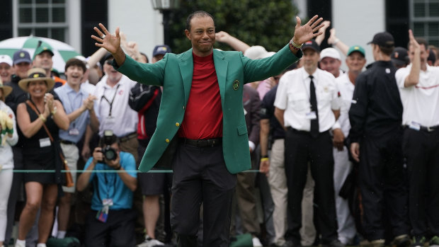 Tiger Woods celebrates after winning the Masters golf tournament.