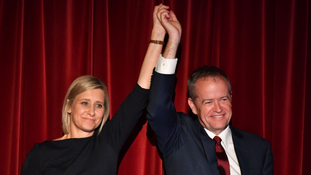 Labor candidate for Longman Susan Lamb and Bill Shorten celebrate her victory.