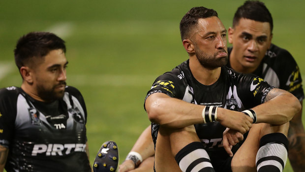 Costly lapses: Shaun Johnson and Benji Marshall of New Zealand look dejected after defeat in Wollongong.