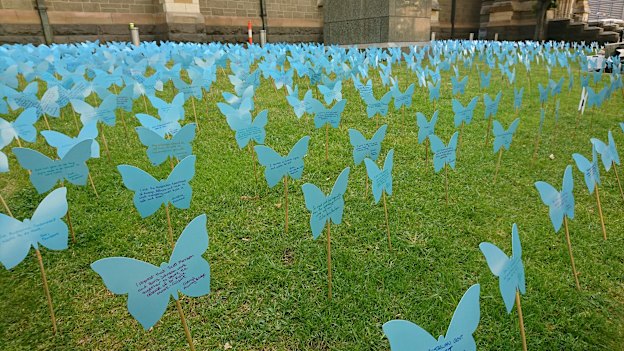 To mark Moore-Gilbert’s 800th day in prison, campaigners placed 800 cardboard butterflies outside Melbourne’s St Paul’s Cathedral. 