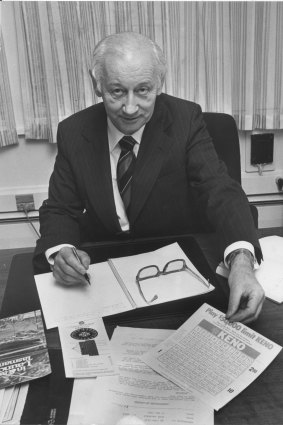 Xavier Connor, who headed the inquiry into whether Victoria should have a casino, at his desk in 1982.