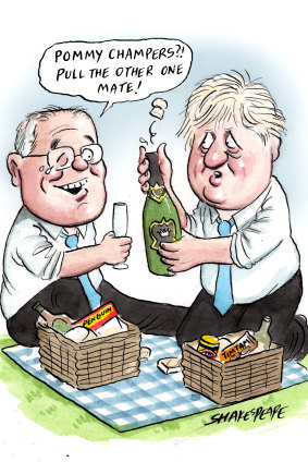 Cheers: Scott Morrison and Boris Johnson.