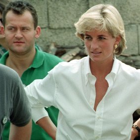 Diana, Princess of Wales, and her butler, Paul Burrell, meeting Bosnian Serbs and Muslims affected by landmines nearTuzla, Bosnia in 1997.
